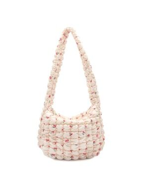 OMG Accessories Cherry Print Quilted Hobo Shoulder Bag Cream Puffer